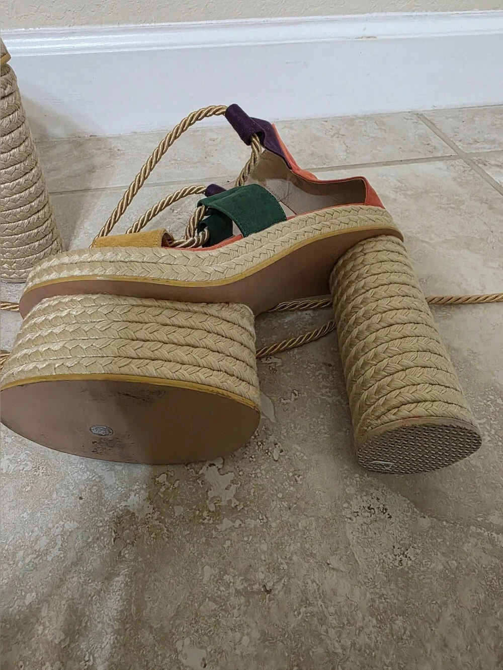Vibrant Colorblock Platform Espadrille Lace-Up Sandals. US 6.5